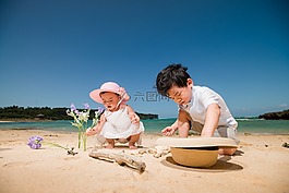 孩子們,海灘,兒童