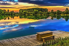 日落,湖,abendstimmung