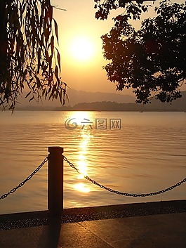 日落,湖,abendstimmung