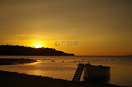 日落,海,海灘