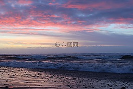 海,日落,波