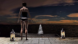 女子,海,夜