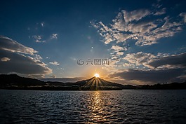 日落,山,湖