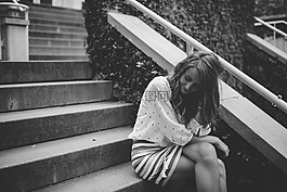 女子,坐,樓梯