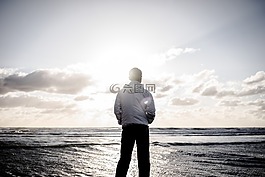 海灘,日落,男子