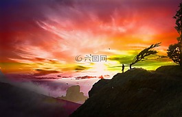 日落,懸崖,紅色