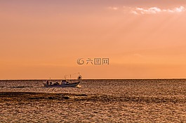 日落,船,海