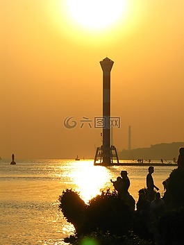 燈塔,日落,易北河海灘