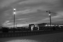 海灘,晚上,木橋