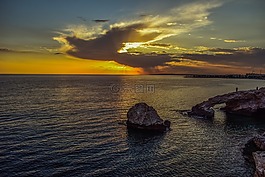 日落,水,黃昏