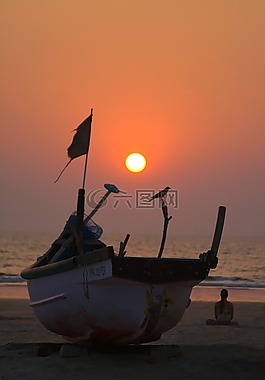日落,海洋,小船