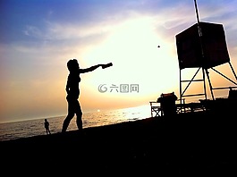 女子,海灘,背光