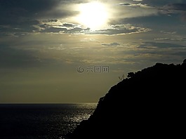 日落,海灘,破