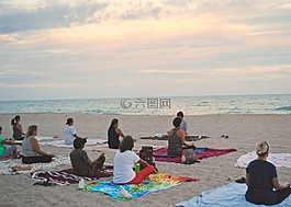 瑜伽,海灘,日落