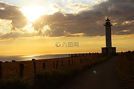 海,燈塔,日落