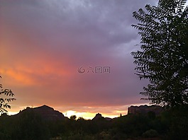 山,日落,景觀