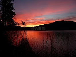 日出,湖,水