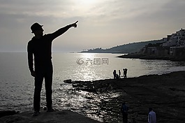 海,日落,剪影