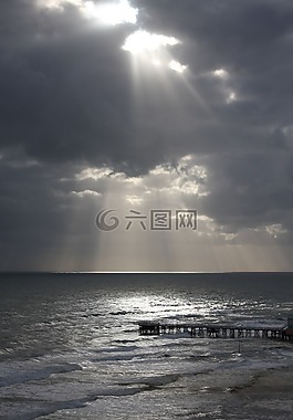 海灘,日落,海洋
