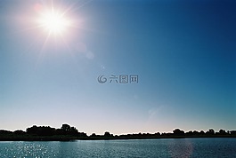 太陽,湖,地平線