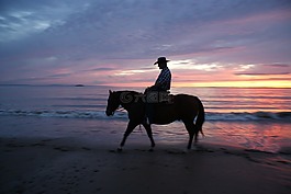 海灘,日落,牛仔