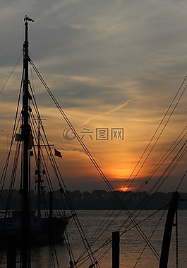 帆船,船舶桅桿,日落