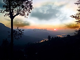 日落,山,壩