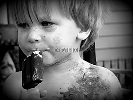 男孩,吃冰淇淋,臟