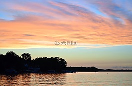 日落,湖,反思