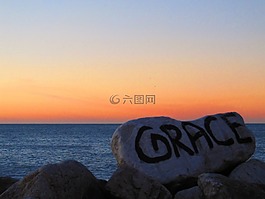 石,海,日落