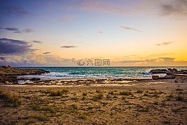 日落,海灘,海
