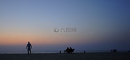 剪影,海灘,日落