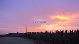 日落,地平線,海灘