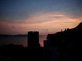 城堡,夕陽,海