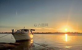 日落,船,海