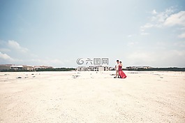 海灘,沙,夫婦