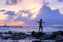 海灘,日落,海