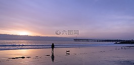 海灘,日落,女子