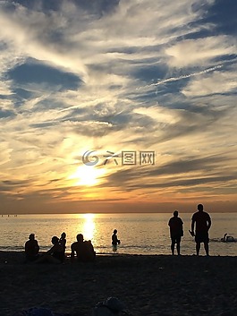 海灘,日落,海