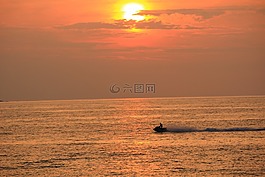 日落,船,海