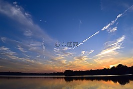 日落,湖,景觀