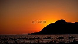 日落,天空,山