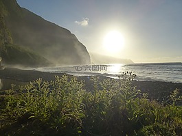 海灘,日落,海