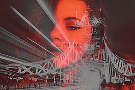 婦女,紅色,二次曝光