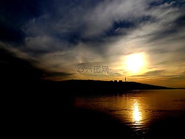 日落,太陽,水