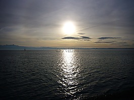 夕陽,日落,湖