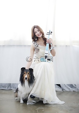 婦女,小提琴,狗