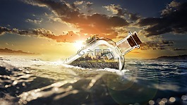 海,日落,自然