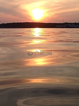 日落,湖,水