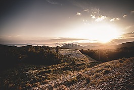 山,日落,橙色